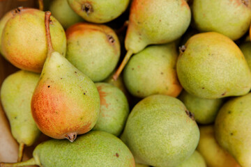 Fresh pears as background, top view 