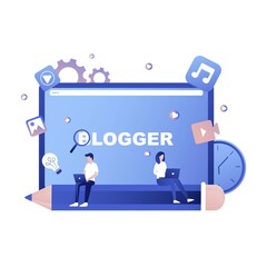 Blogger banner. Various video blogger make review. Share content in the internet. Popular people streaming online. Education and fashion blog. Vector illustration in cartoon style.