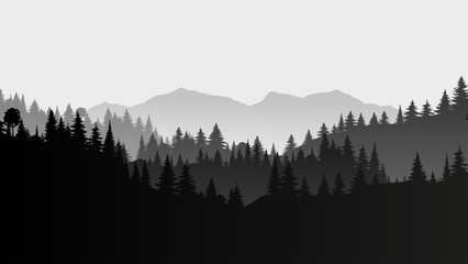 Silhouette landscape with fog, forest, pine trees, mountains. Illustration of national park view, mist. Black and white. Good for wallpaper, background, banner, cover, poster.