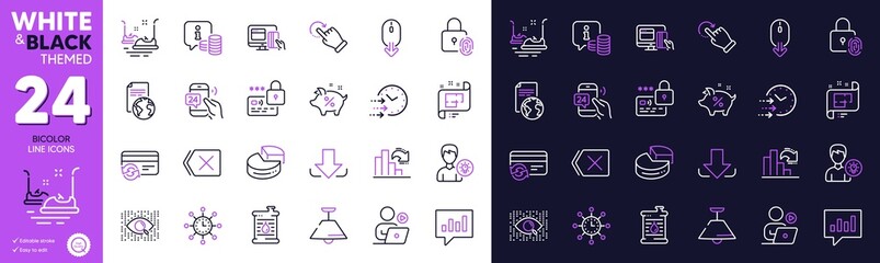 Pie chart, Download and Ceiling lamp line icons for website, printing. Collection of Fingerprint lock, Lock, Info icons. Architectural plan, Decreasing graph, 24h service web elements. Vector