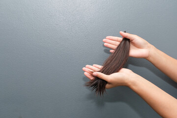 Portrait of attractive Asian woman holding a ponytail cutting hair for donation. 