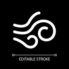 Strong wind white linear ui icon for dark theme. Wind force and speed. Weather forecast. Vector line pictogram. Isolated user interface symbol for night mode. Editable stroke. Arial font used