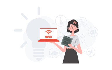 A woman holds a laptop and a processor chip in her hands. IOT and automation concept. Vector illustration in flat style.