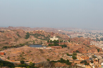 View at Jaswant Thada cenotaph and city walls from the Mehrangarh fort in Jodhpur, Rajasthan,...