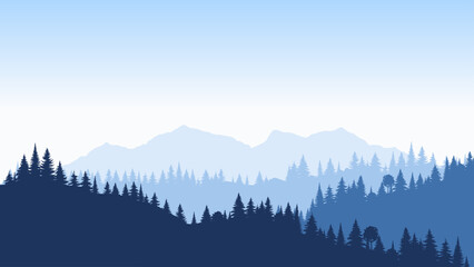 Beautiful forest panoramic. Realistic isolated vector background. Landscape blue trees pine in mist design. Mystery fog in park concept. Nature beauty. Tourism web banner.