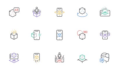 Augmented reality line icons. VR simulation, Panorama view, 360 degrees. Virtual reality gaming, augmented, full rotation arrows icons. Linear set. Bicolor outline web elements. Vector
