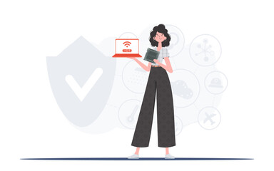The girl is holding a laptop and a processor chip in her hands. Internet of things and automation concept. Vector illustration in trendy flat style.