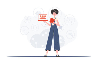 The girl is holding a laptop and a processor chip in her hands. IOT and automation concept. Vector illustration in flat style.