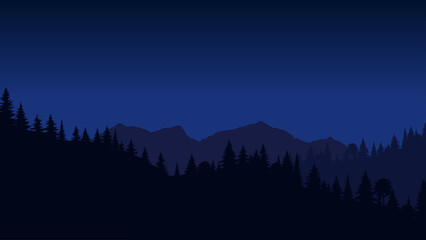 Silhouette landscape with fog, forest, pine trees, mountains. Illustration of night view, mist. Navy blue. Good for wallpaper, background, web banner, cover, poster.