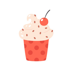 Vanilla ice cream in cup with cherry and chocolate drops. Summertime, hello summer. Hand drawn vector illustration
