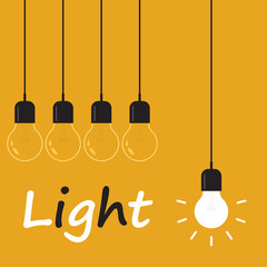 Hanging light bulbs with glowing one on a yellow background. Vector illustration for your design.