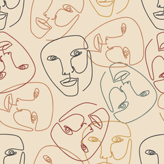 Boho One Line Hand Drawn Abstract Faces Seamless Pattern