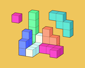 Crystal cube. 3D building block set. Isometric blocks. Abstract construction from isometric blocks tetris shapes. The concept of logical thinking, geometric shapes.