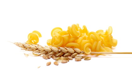 Uncooked durum pasta, funghetti and ear wheat isolated on white
