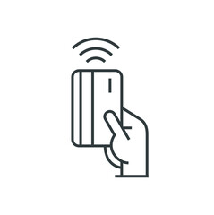 NFC contactless wireless pay sign logo. Credit card or mobile nfc payment. Vector icon concept. Hand holding credit debit card.