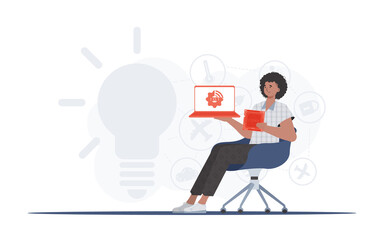 The guy holds a laptop and a processor chip in his hands. IoT concept. Trendy flat style. Vector illustration.