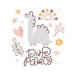 Cute vector kids Greeting card with dinosaur and baby girl text Dino Party. And branch, heart, flower, rainbow. Cartoon dino girl Scandinavian style illustration. For children party