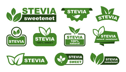 Stevia label set. Stevia sweetener. Sugar substitute. 100% natural stevia. Eco, organic and bio icon. Vector illustration.