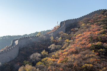 S-shape of the Great Wall of China in Badaling, Beijing, China. Copy space for text, blue sky,...