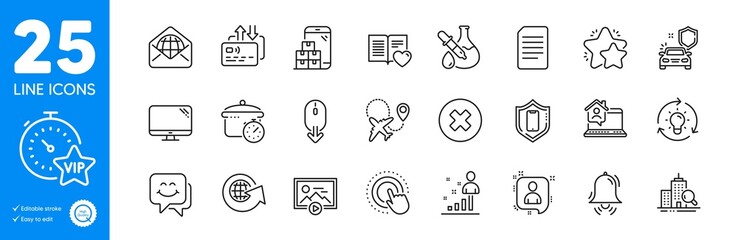 Outline icons set. Click hand, Web mail and World globe icons. Boiling pan, Stats, Inspect web elements. Clock bell, Close button, Document signs. Scroll down, Love book, Computer. Vector