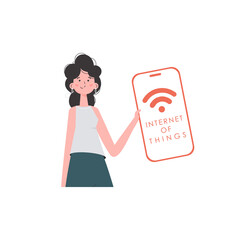 A woman holds a phone with the IoT logo in her hands. IOT and automation concept. Vector.