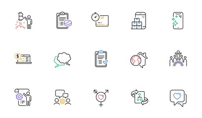 Medical prescription, Settings blueprint and Cardboard box line icons for website, printing. Collection of Mobile inventory, Speech bubble, Approved checklist icons. Technical algorithm. Vector
