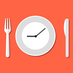 A business lunch sign. The plate is a clock. Pictogram on a red background.