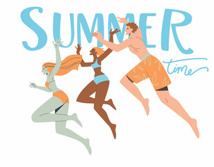 Let the summer begin. Group of friends jumping into the water with happiness on white background. Vector design illustration.