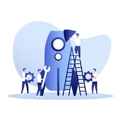 Business startup development and teamwork,male characters in trendy simple style,rocket building,vector illustration flat design.