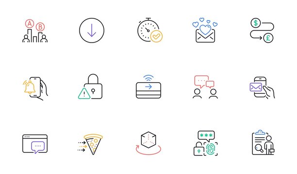 Fast Verification , Scroll Down And Money Transfer Line Icons For Website, Printing. Collection Of Ab Testing, Lock, Messenger Mail Icons. Biometric Security, Food Delivery. Vector