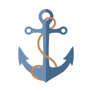 Nautical Anchor with rope. Vector illustration isolated. Icon, clipart for website about history, travel, pirates. Vector flat illustration, cartoon style.