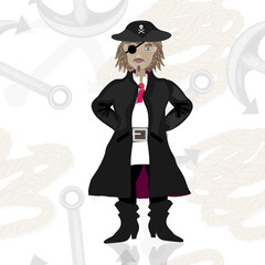 Pirate captain Pirate captain with seamless background with anchors and ropes. Vector graphics