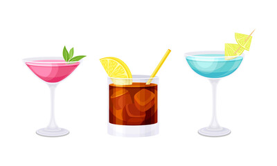 Glasses of summer alcoholic or non alcoholic cocktails set vector illustration