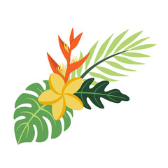 Bouquet with Plumeria, Heliconia, Alocasia leaf,exotic palm and monstera isolated on white background. Card with vector floral illustration. Flat Plant Composition. Botanical summer decor