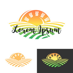 Sun and green hills, color logo, emblem. The concept of a farm, agriculture, harvest. Vector illustration
