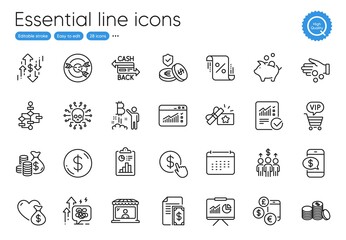 Report, Payment and Loyalty gift line icons. Collection of Stress grows, Buy currency, Phone payment icons. Piggy bank, Vip shopping, Web traffic web elements. Donation money, Donation. Vector