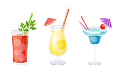 Set of summer refreshing cocktails cartoon vector illustration