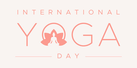 International Yoga Day. Lotus pose into the letter O. Concept of balance, calm, meditation. Horizontal format. Vector illustration, flat design