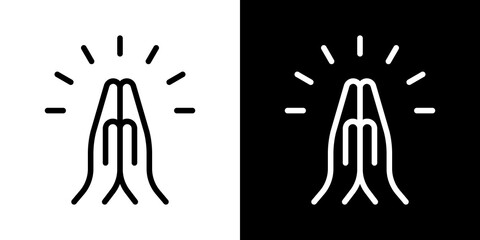 Praying hands icon. Concept of gratitude, welcome, prayer. Symbol in two versions: black and white outline. Vector illustration, flat design