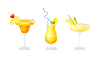 Set of summer refreshing citrus cocktails cartoon vector illustration