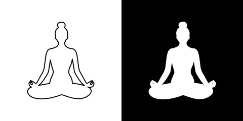Woman icon in yoga lotus position. Symbol in two versions: black outline and white silhouette.Vector illustration, flat design