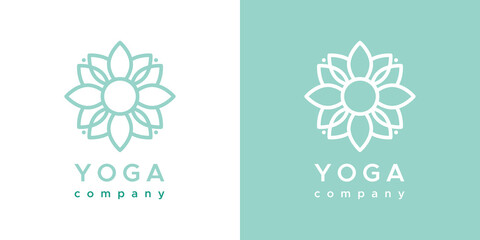 Yoga company logo. Outline floral symbol. For company brand, packaging, product. Logotype in two versions: color and white. Vector illustration, flat design