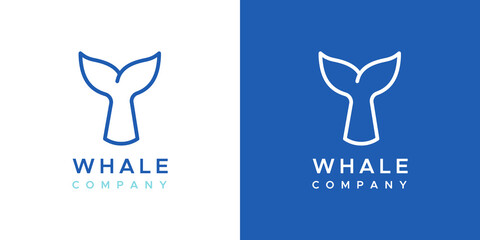 Whale tail company logo. Concept of whale watching, environmental education, cetacean conservation. Logotype in two versions: color and white. Vector illustration, flat design © frikota