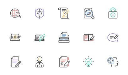 Copywriting line icons. Copyright, Typewriter and Feedback. Legal content linear icon set. Bicolor outline web elements. Vector