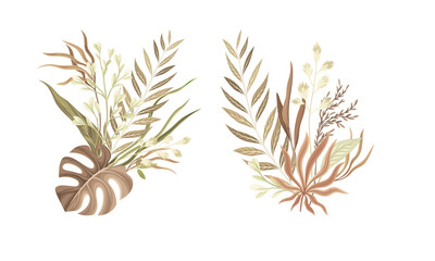 Bouquets of tropical leaves and plants. Pastel watercolor botanical decor vector illustration