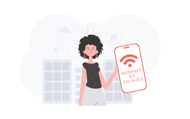IoT concept. The girl is holding a phone with the IoT logo in her hands. Vector illustration in flat style.