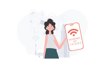 IoT concept. The girl is holding a phone with the IoT logo in her hands. Vector.