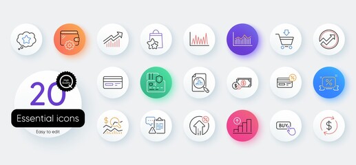 Simple set of Demand curve, Online market and Audit line icons. Include Check investment, Wallet, Loyalty star icons. Loan percent, Money diagram, Usd exchange web elements. Line graph. Vector