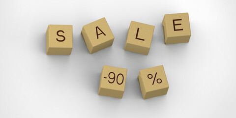 inscription from the sale of wooden cubes minus ninety percent. wooden cubes on white background....