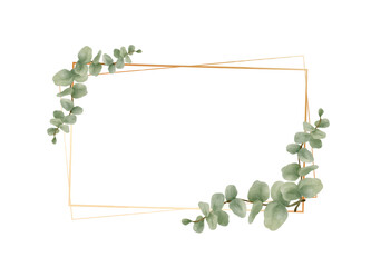 Greenery Eucalyptus Leaves Watercolor with geometric luxury gold frame isolated on white background. Natural border for wedding, invitation and card vector illustration